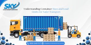 Container truck carrying a shipping container with workers loading goods for safe transport