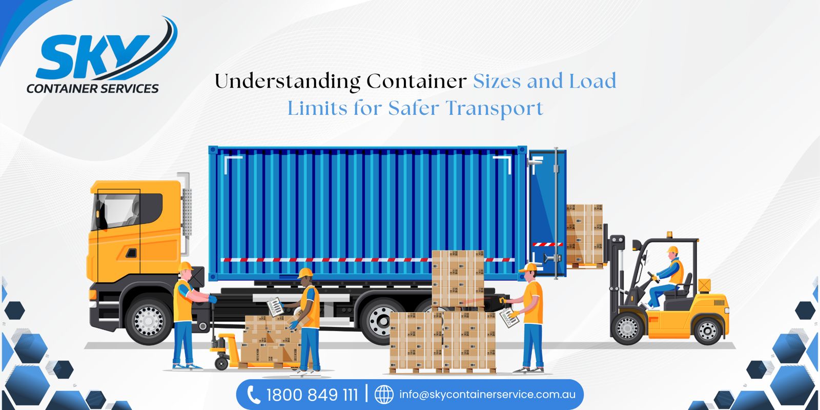 Container truck carrying a shipping container with workers loading goods for safe transport